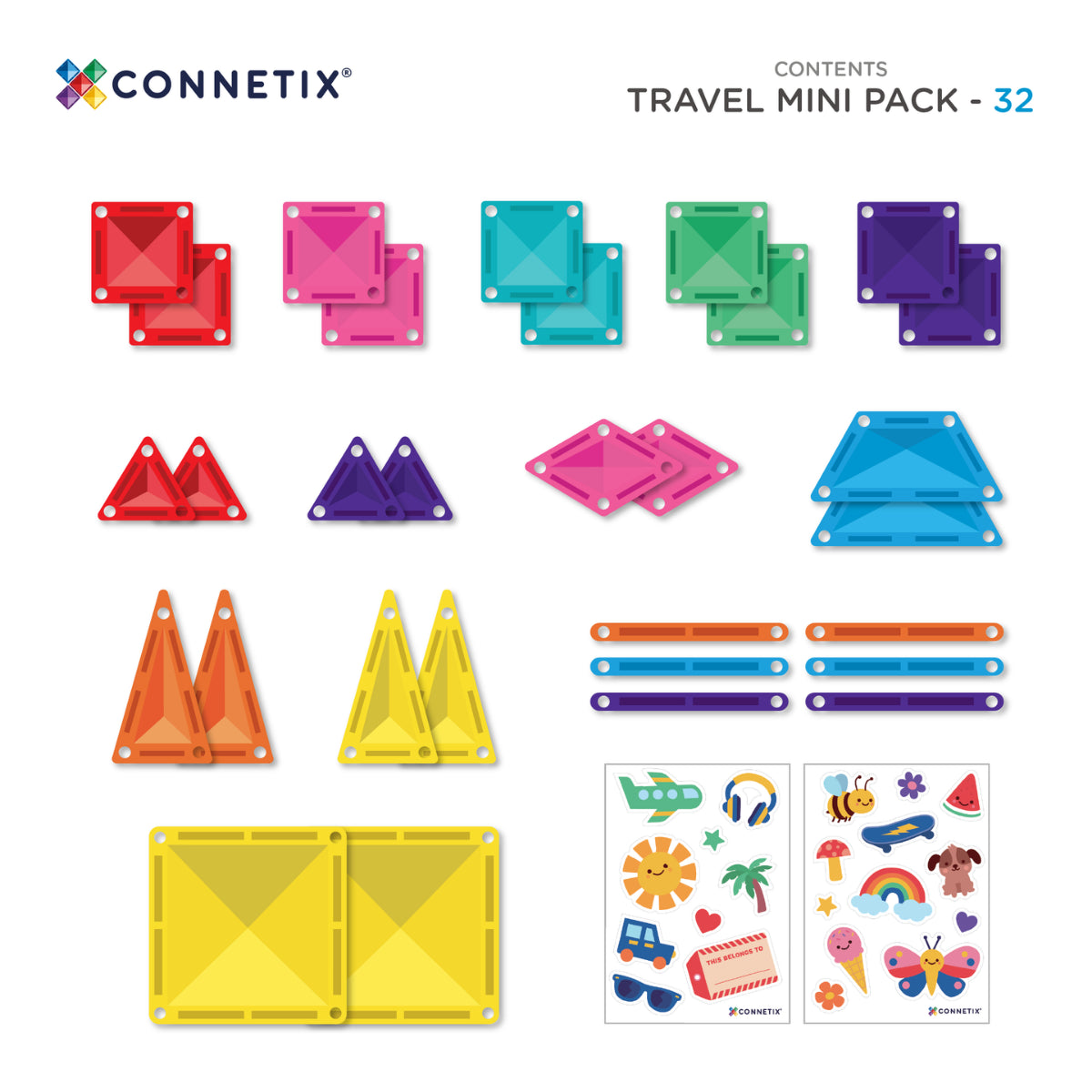 Connetix Travel Mini Pack 32-Piece – Magnetic Tiles in Carry Tin with Smart Spin™ Technology & Reusable Stickers (Ages 3+)