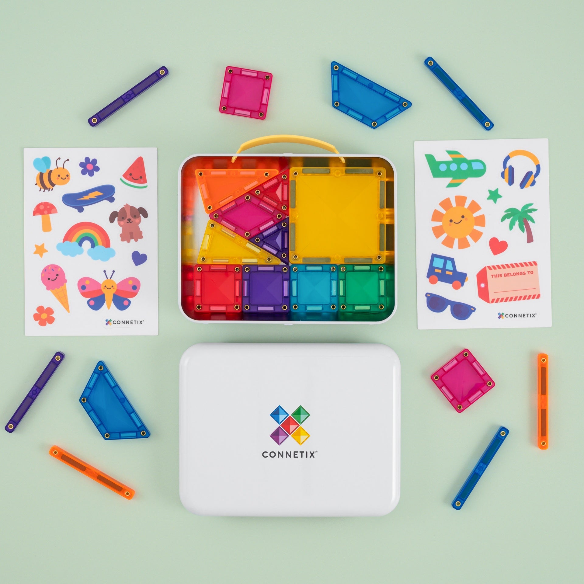 Connetix Travel Mini Pack 32-Piece – Magnetic Tiles in Carry Tin with Smart Spin™ Technology & Reusable Stickers (Ages 3+)