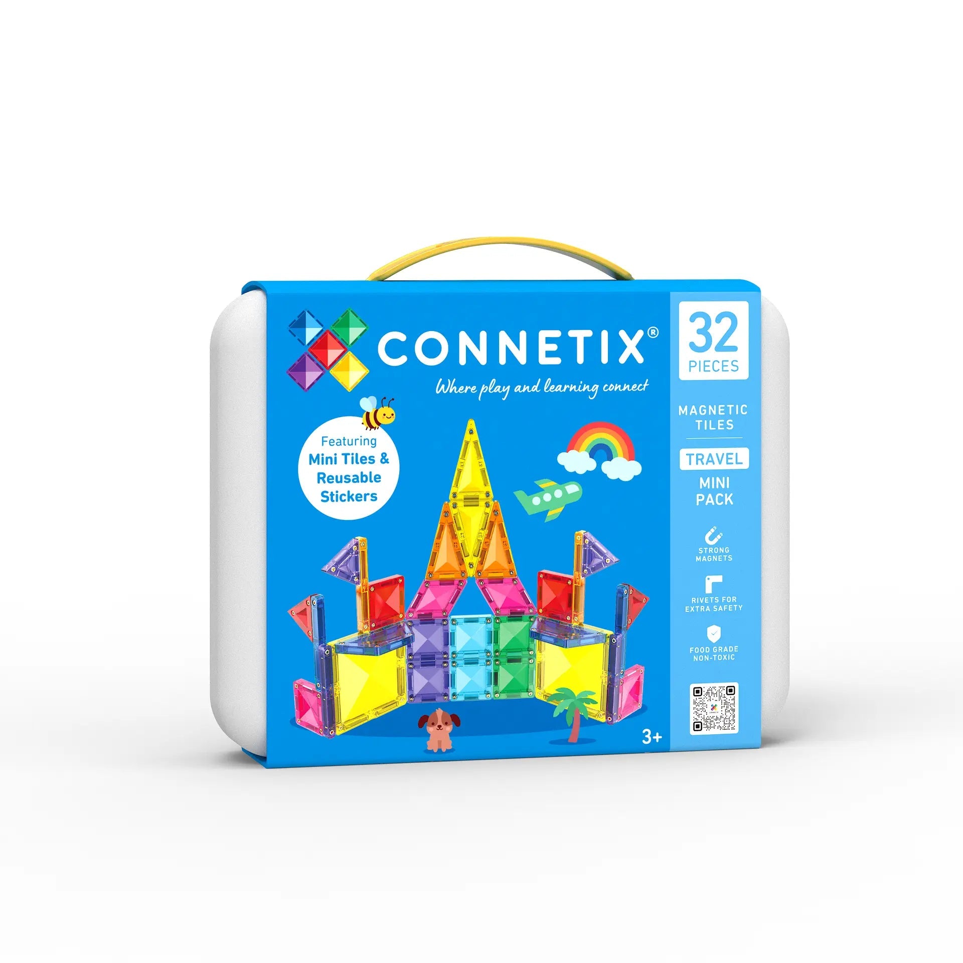 Connetix Travel Mini Pack 32-Piece – Magnetic Tiles in Carry Tin with Smart Spin™ Technology & Reusable Stickers (Ages 3+)