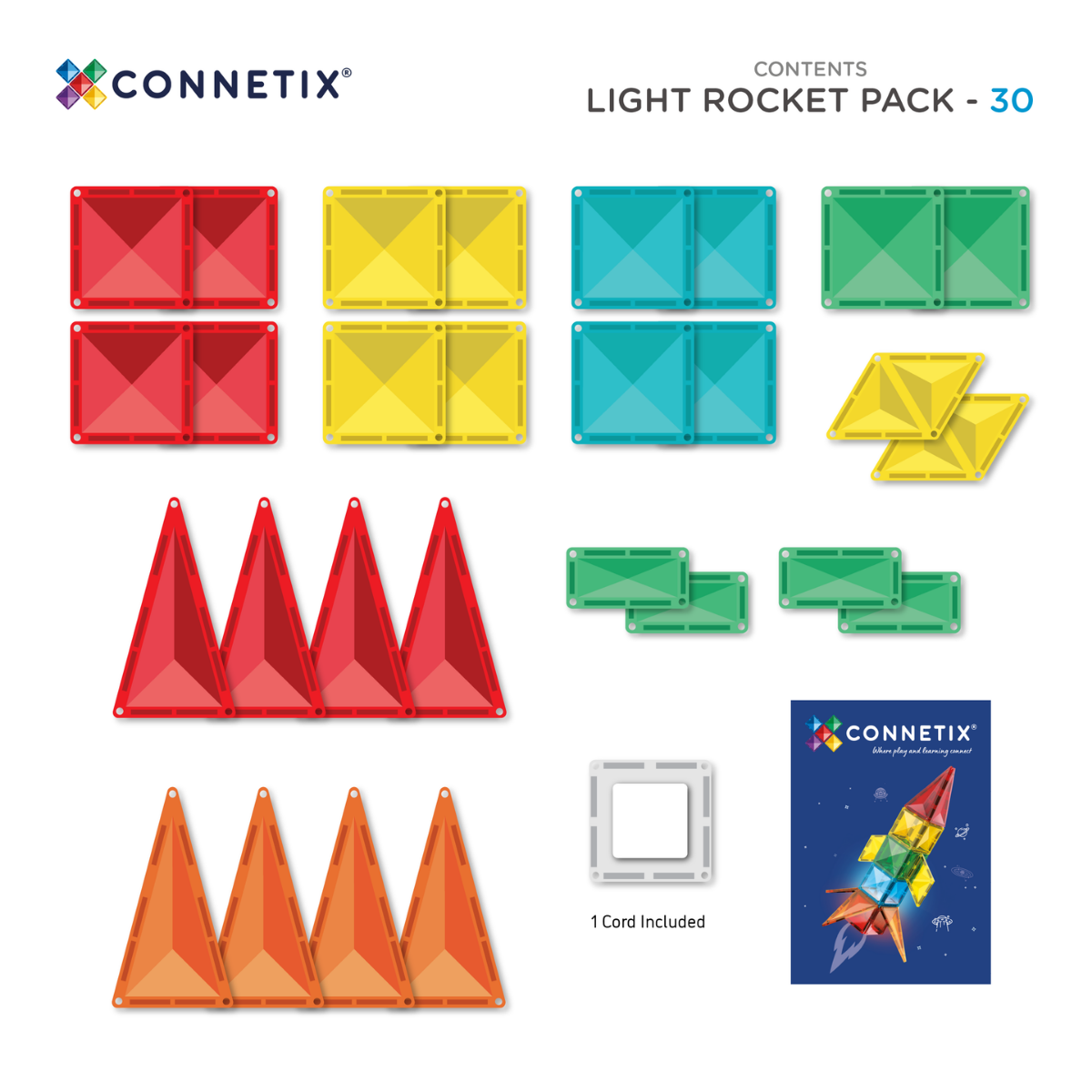Connetix Light Up Rocket Pack 30-Piece – Magnetic Tiles with Rechargeable Light Tile, 3 Brightness Settings & STEAM Play (Ages 3+)