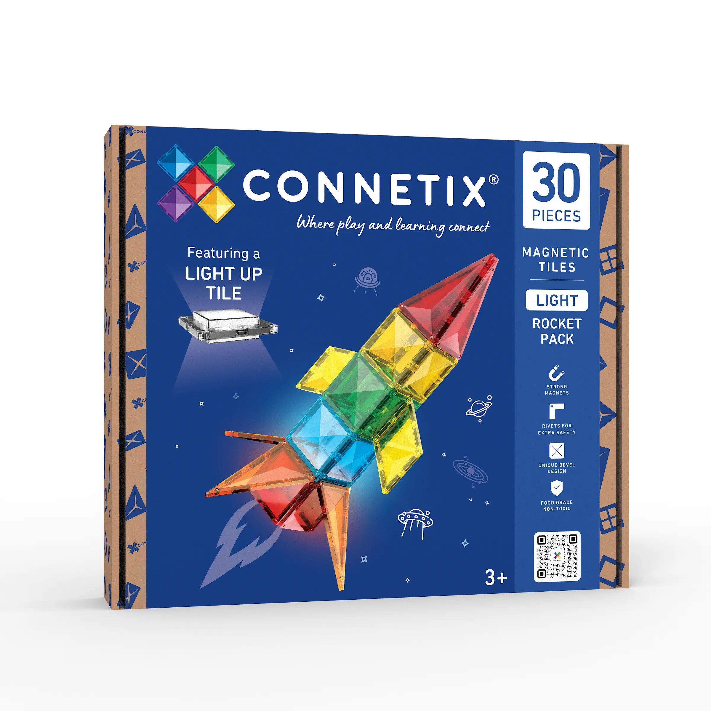 Connetix Light Up Rocket Pack 30-Piece – Magnetic Tiles with Rechargeable Light Tile, 3 Brightness Settings & STEAM Play (Ages 3+)