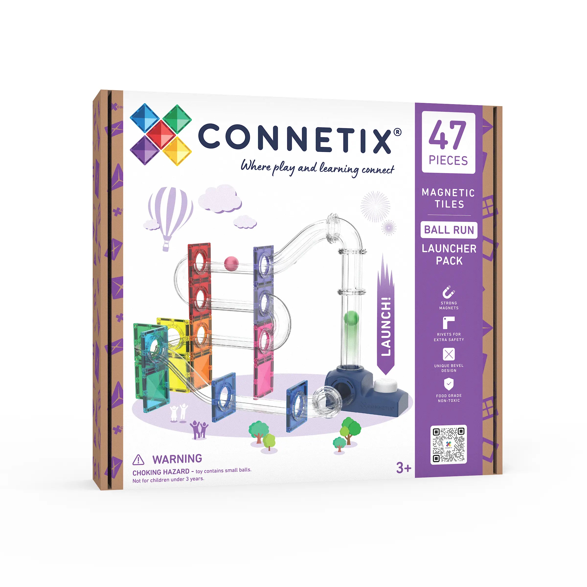 Connetix Ball Run Launcher Pack 47-Piece – STEAM Magnetic Tile Ball Run with Launch Button & Wooden Balls (Ages 3+)