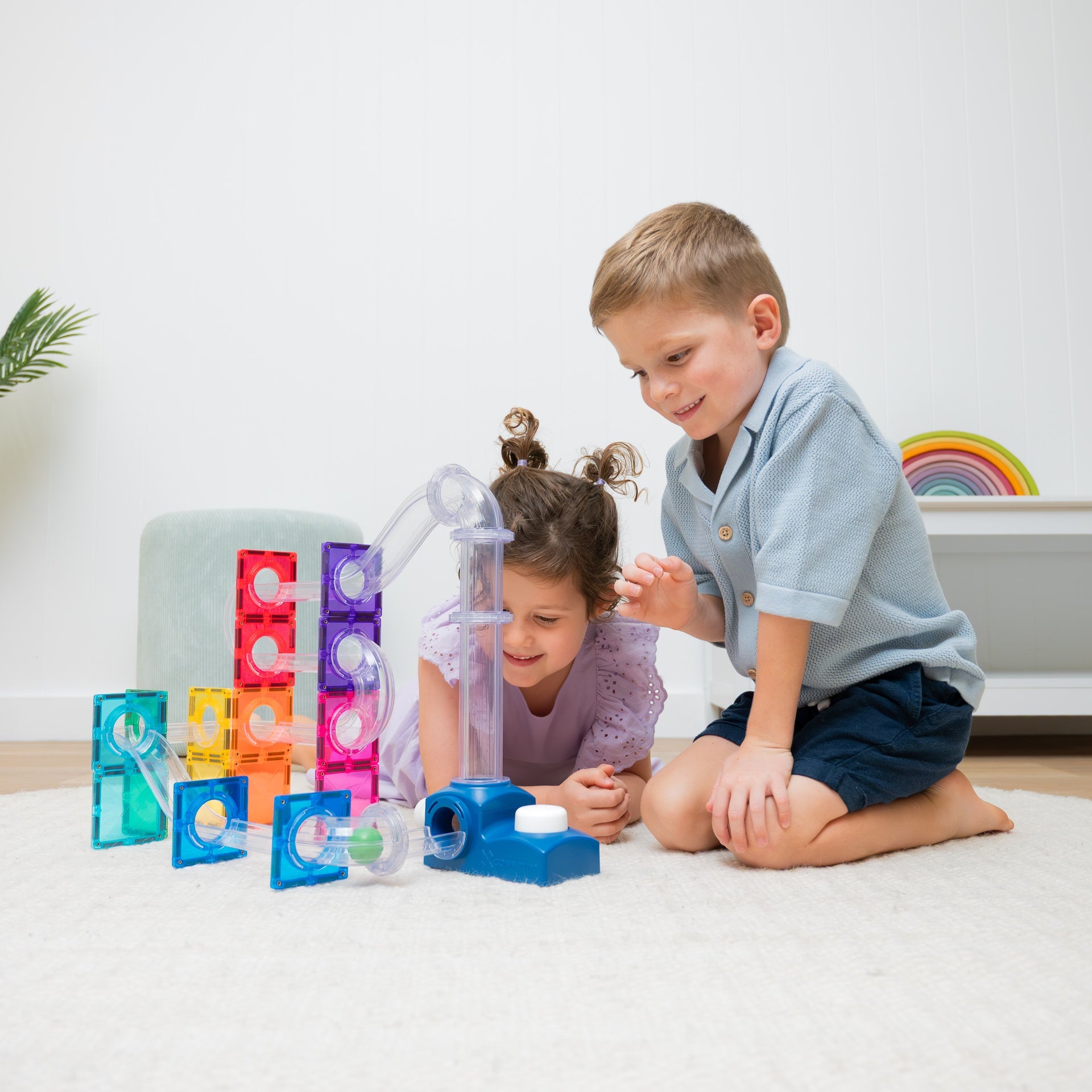 Connetix Ball Run Launcher Pack 47-Piece – STEAM Magnetic Tile Ball Run with Launch Button & Wooden Balls (Ages 3+)