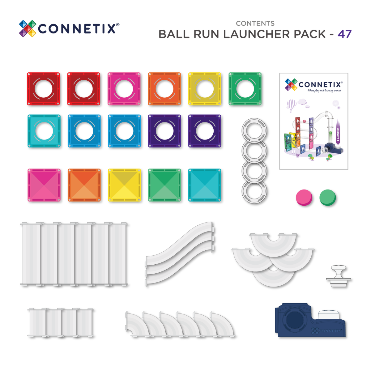 Connetix Ball Run Launcher Pack 47-Piece – STEAM Magnetic Tile Ball Run with Launch Button & Wooden Balls (Ages 3+)