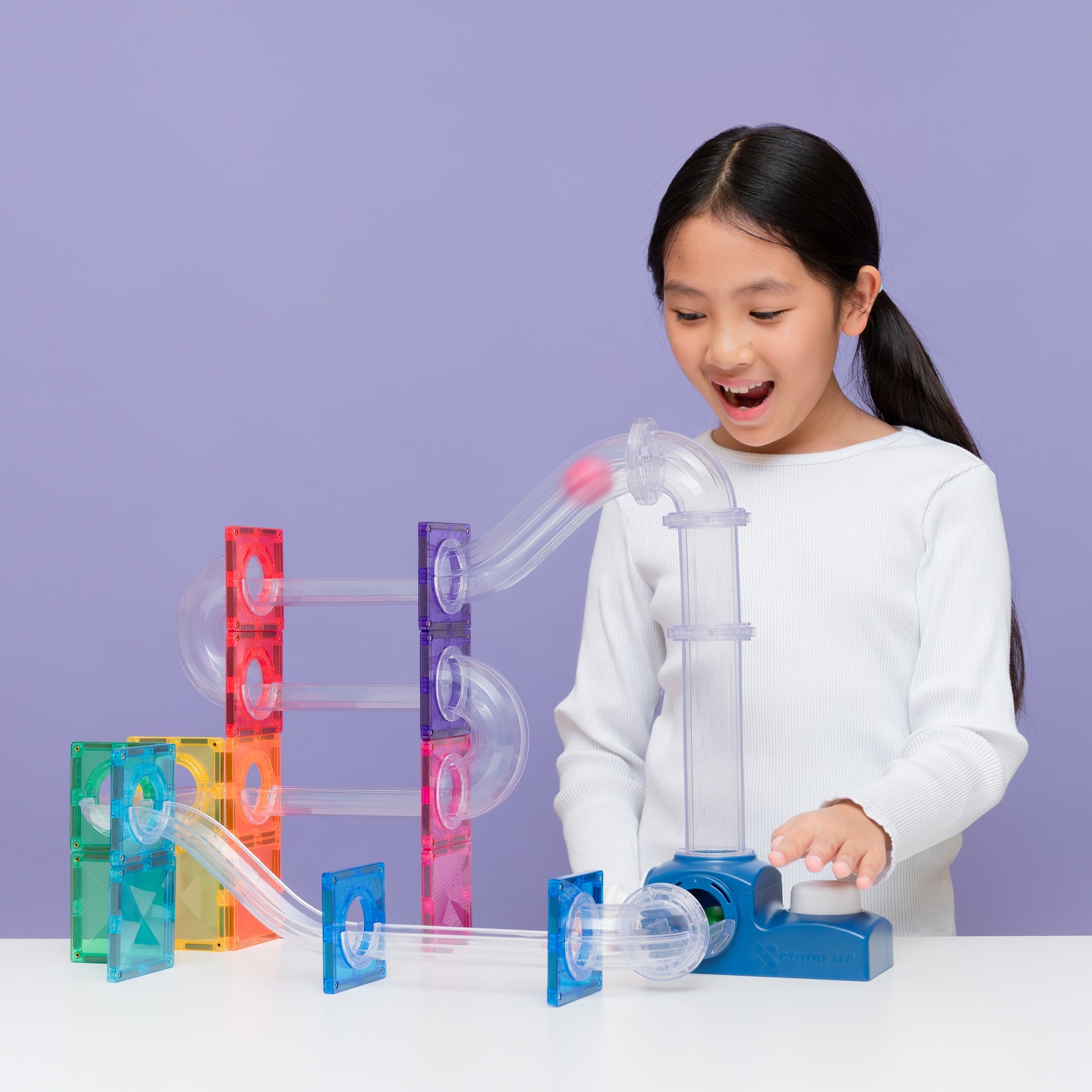 Connetix Ball Run Launcher Pack 47-Piece – STEAM Magnetic Tile Ball Run with Launch Button & Wooden Balls (Ages 3+)
