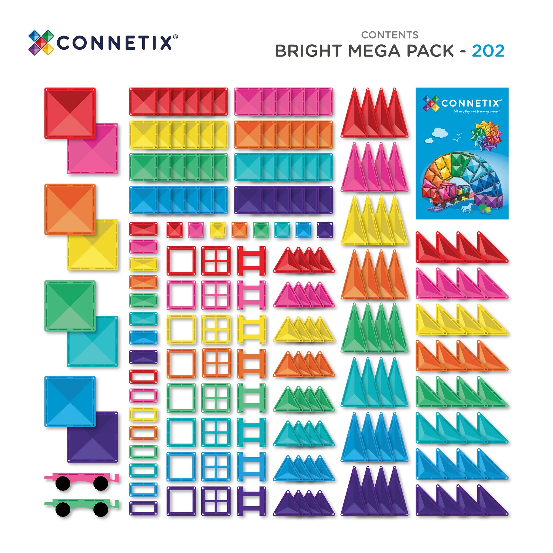 Connetix Bright Mega Pack 202-Piece Magnetic Tiles – Vibrant STEAM Building Set with Hexagons, Cars & Idea Booklet (Ages 3+)