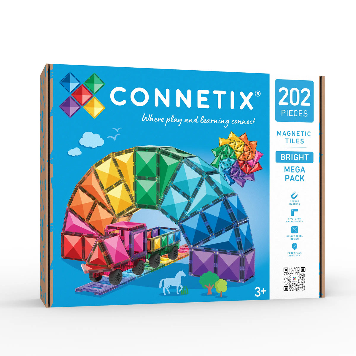 Connetix Bright Mega Pack 202-Piece Magnetic Tiles – Vibrant STEAM Building Set with Hexagons, Cars & Idea Booklet (Ages 3+)