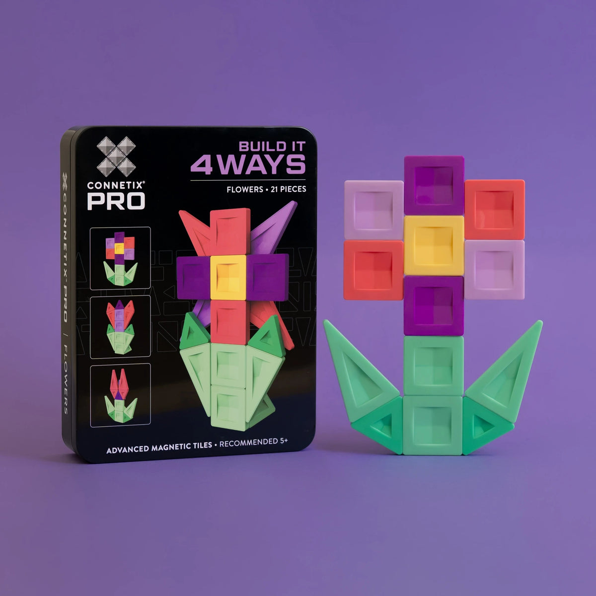 Connetix PRO Build It 4 Ways Flowers Pack – 21-Piece Precision Magnetic Tiles with Smart Spin™ Technology & Collectible Tin (Ages 5+)