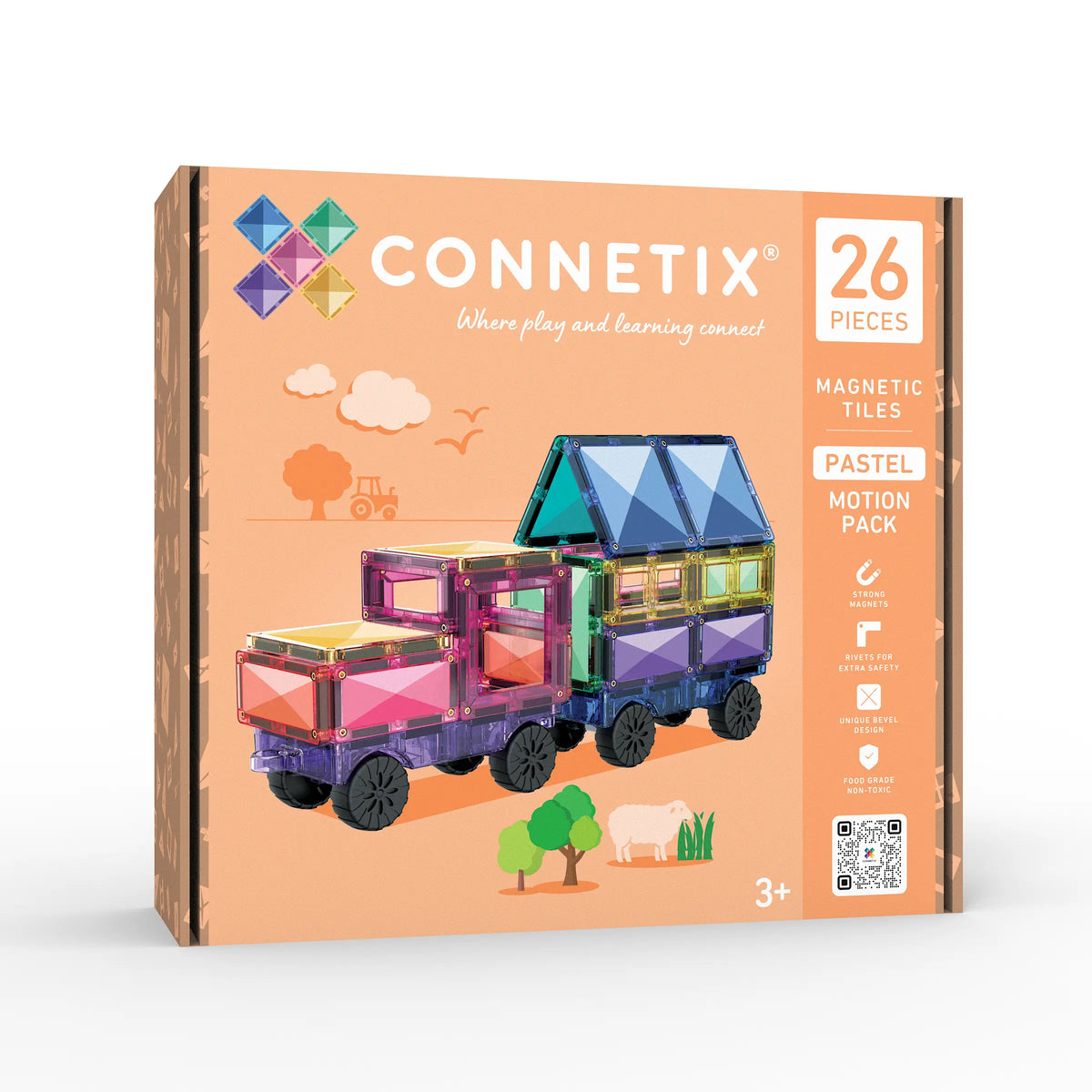 Connetix Bright Motion Pack 26-Piece Magnetic Tile Set – Vehicle Building with Real Rubber Wheels & Bright Colour Palette (Ages 3+)
