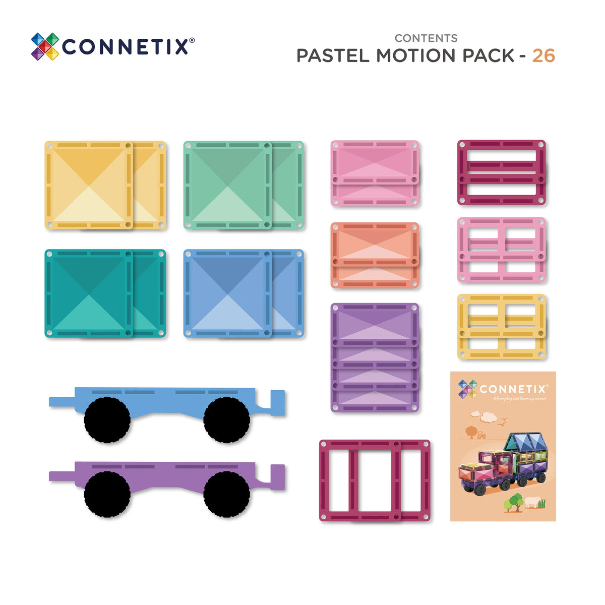 Connetix Bright Motion Pack 26-Piece Magnetic Tile Set – Vehicle Building with Real Rubber Wheels & Bright Colour Palette (Ages 3+)