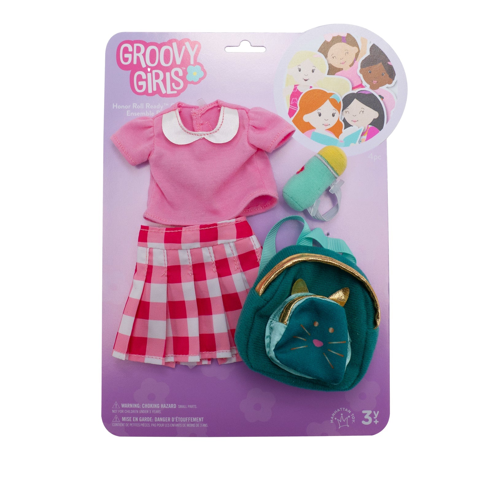 Manhattan Toy Groovy Girls Honor Roll Ready Doll Outfit – 4-Piece School Set with Backpack & Water Bottle for 13" Groovy Girls Dolls (Ages 3+)