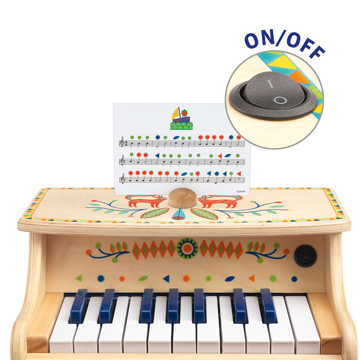 Djeco Animambo 18-Key Electronic Piano – Wooden Kids Piano with Colour-Coded Score Cards (Ages 3+)