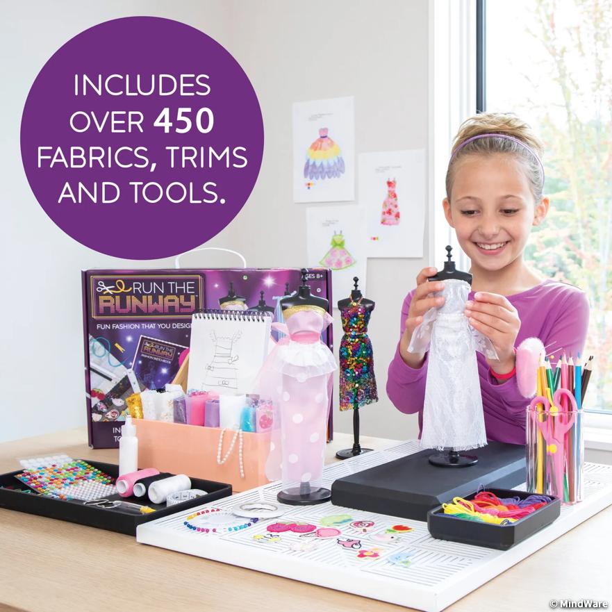 Mindware Run the Runway Fashion Design Kit – No-Sew Dress Design Set with 450+ Fabrics, 3 Mannequins & Designer Guidebook (Ages 8+)