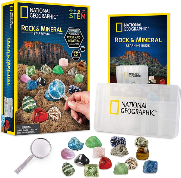 Earthly Elements Rocks & Minerals Kit – 6 Real Specimens, Magnifying Lens, STEAM Guidebook, Travel Size, Made In USA
